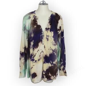 Large Raquel Allegra Cosmic Violet Poet Top Tie-Dye Tunic V-Neck Viscose